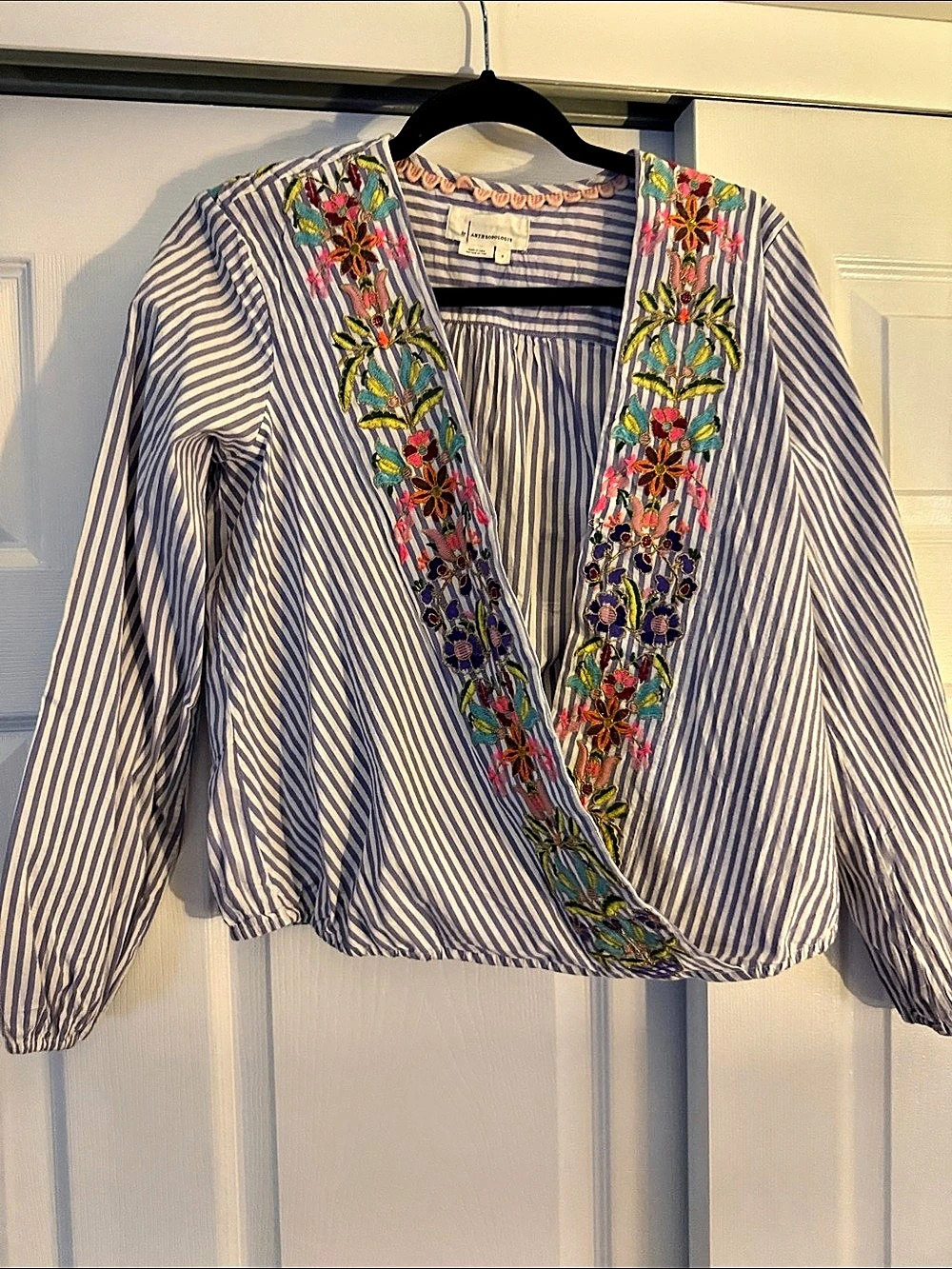 Anthropologie Striped Embroidered Blouse in Blue & White Small